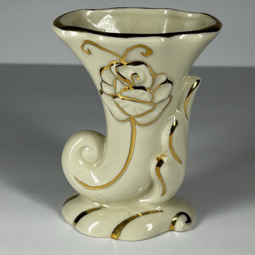 Vintage Cornucopia Horn Of Plenty Vase Gold Accented Rose Design 4.5"